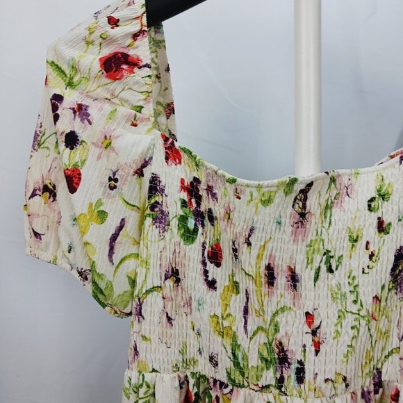 NEW H&M Floral Pleet Dress Size XXL Mini Short Cold Shoulder Ivory Floral - Picture 7 of 15